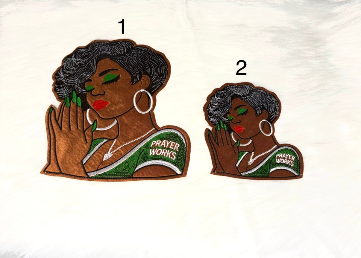 Prayer Works Lady in Green Iron-On Big & Mid Size Patch