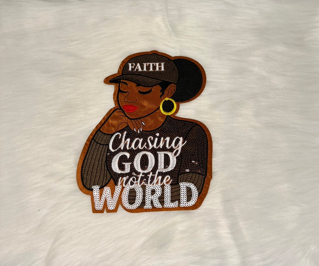 Chasing God Not The World Brown Lady Iron-On Big Patch