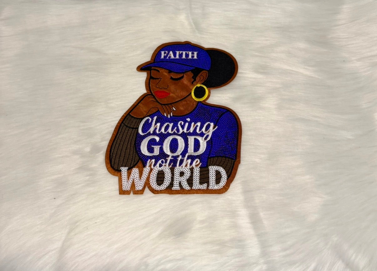Chasing God Not The World Royal Blue Lady Iron-On Big Patch