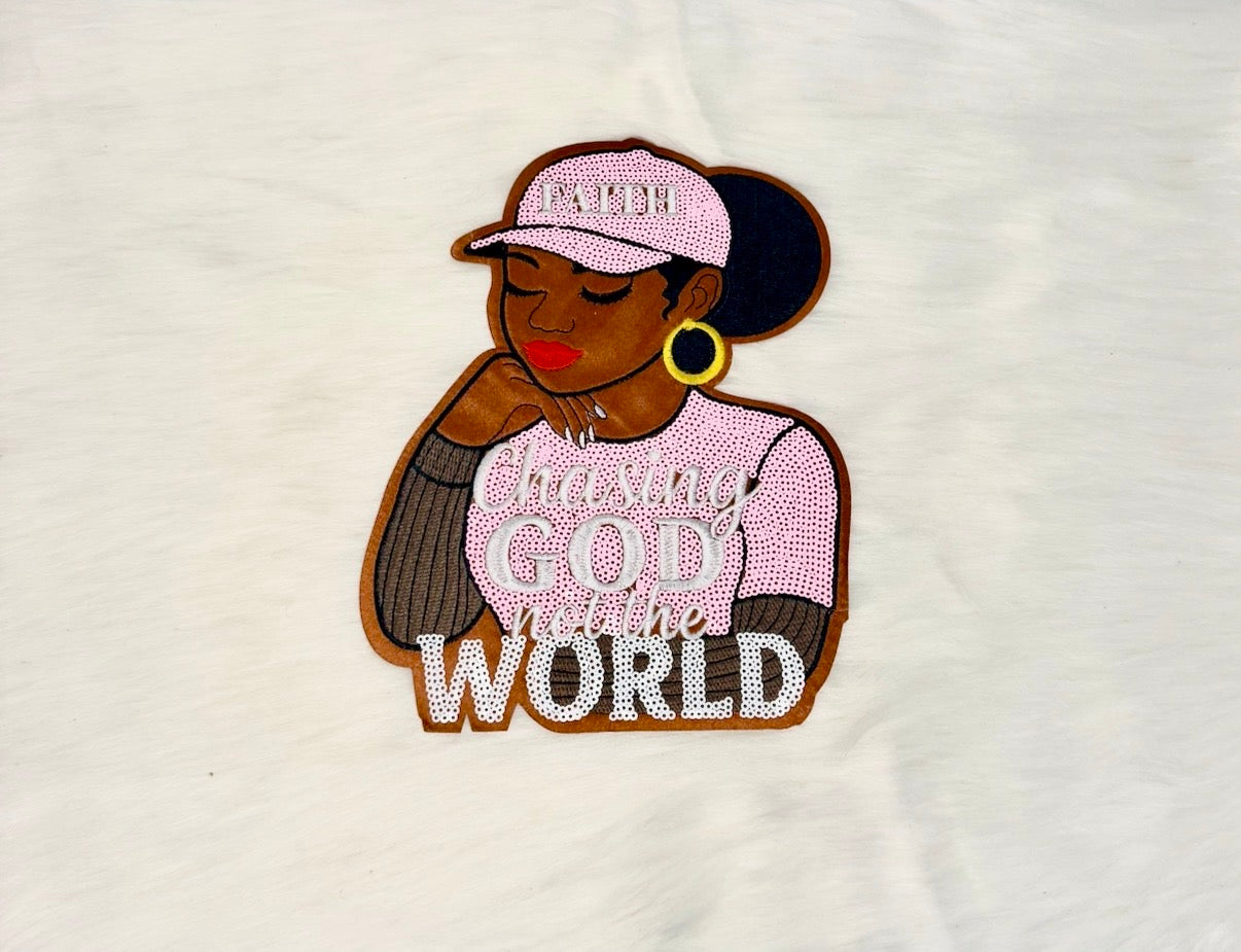 Chasing God Not The World Pink Lady Iron-On Big Patch