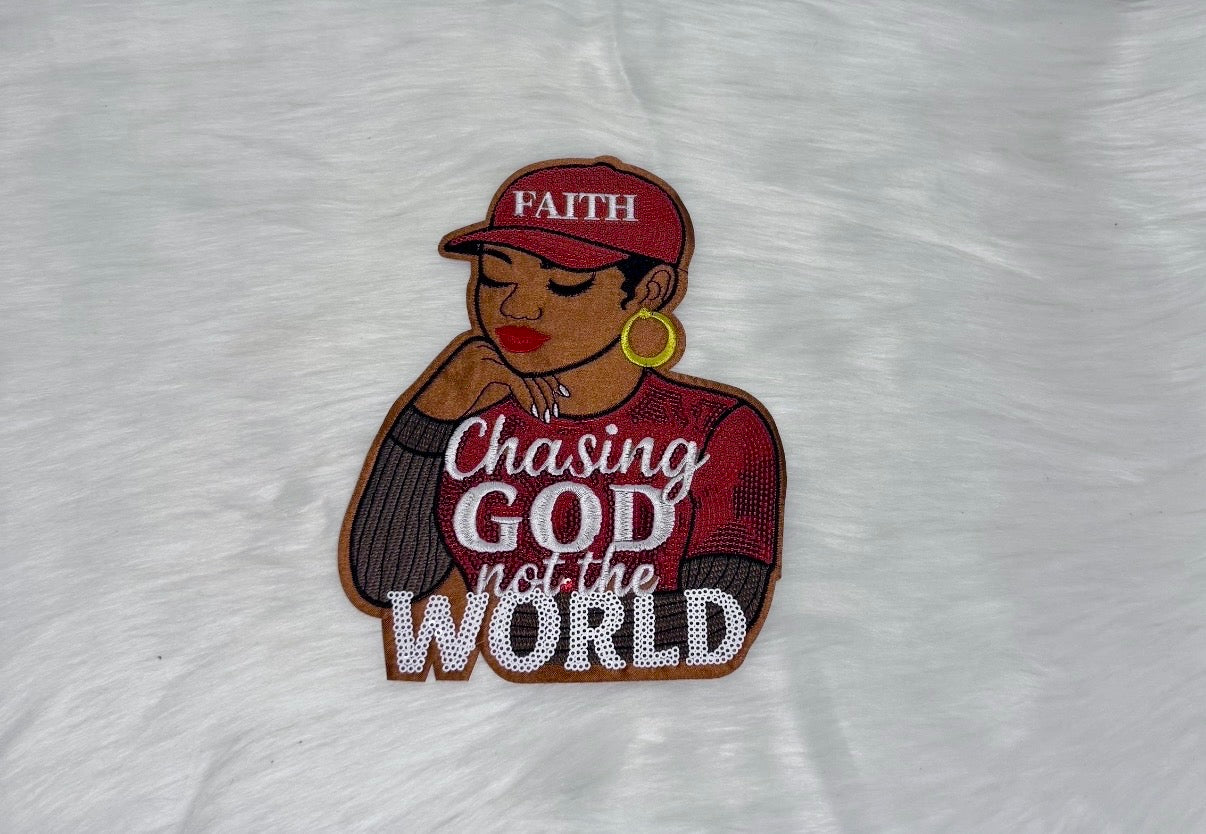 Chasing God Not The World Red Lady Iron-On Big Patch