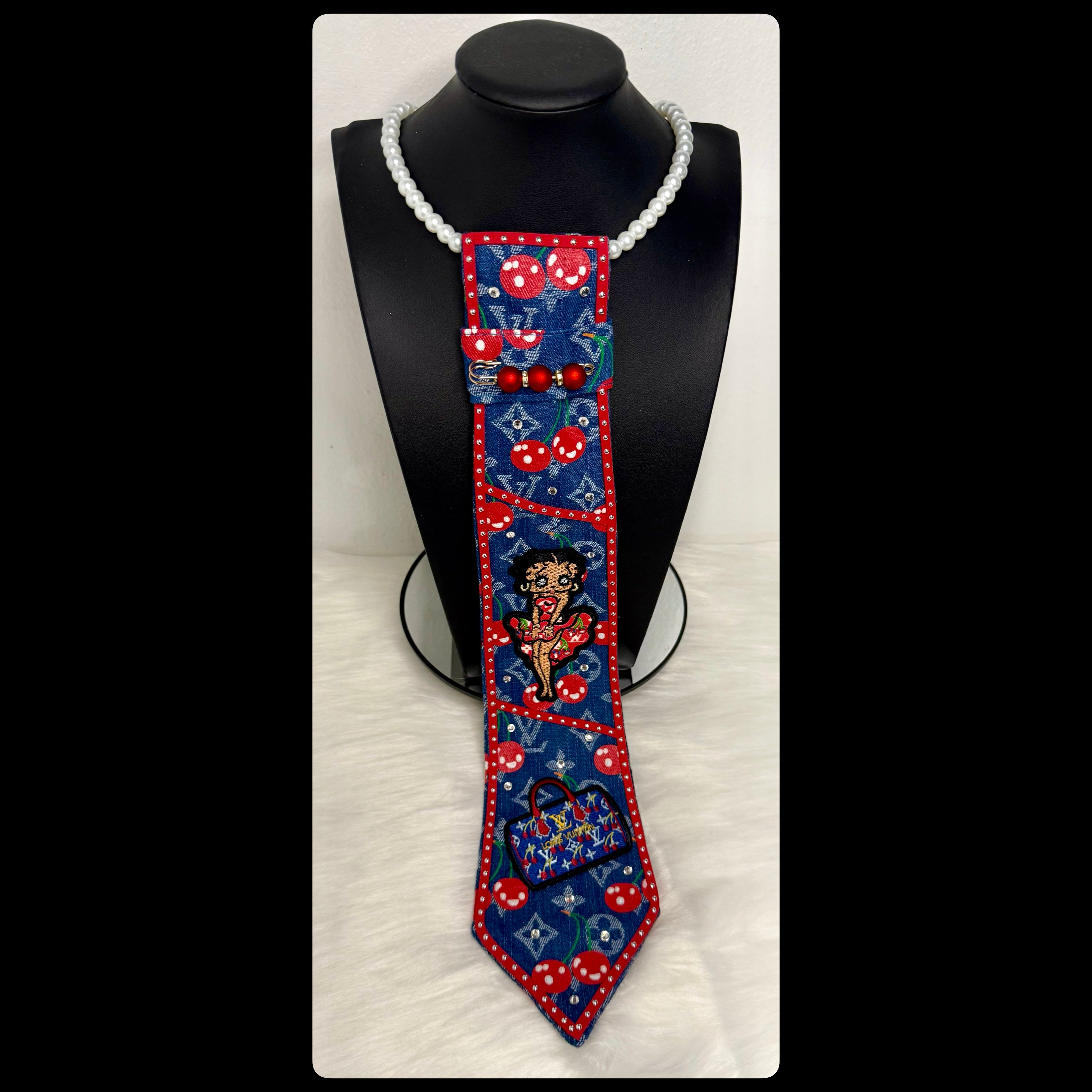 🍒Dark Denim Inspired LV Red Cherry Tie🍒