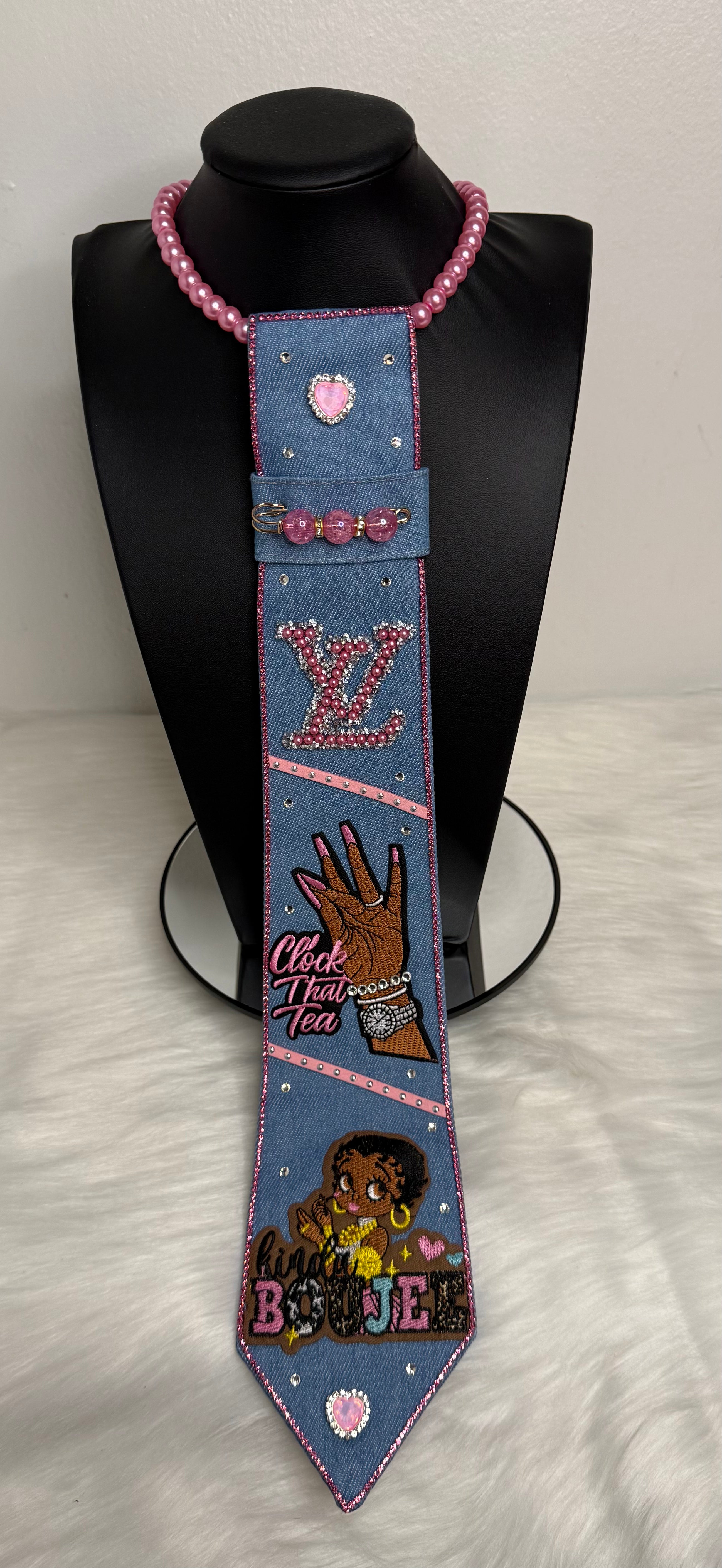 Inspired LV Denim and Pink Clock That Tea Tie