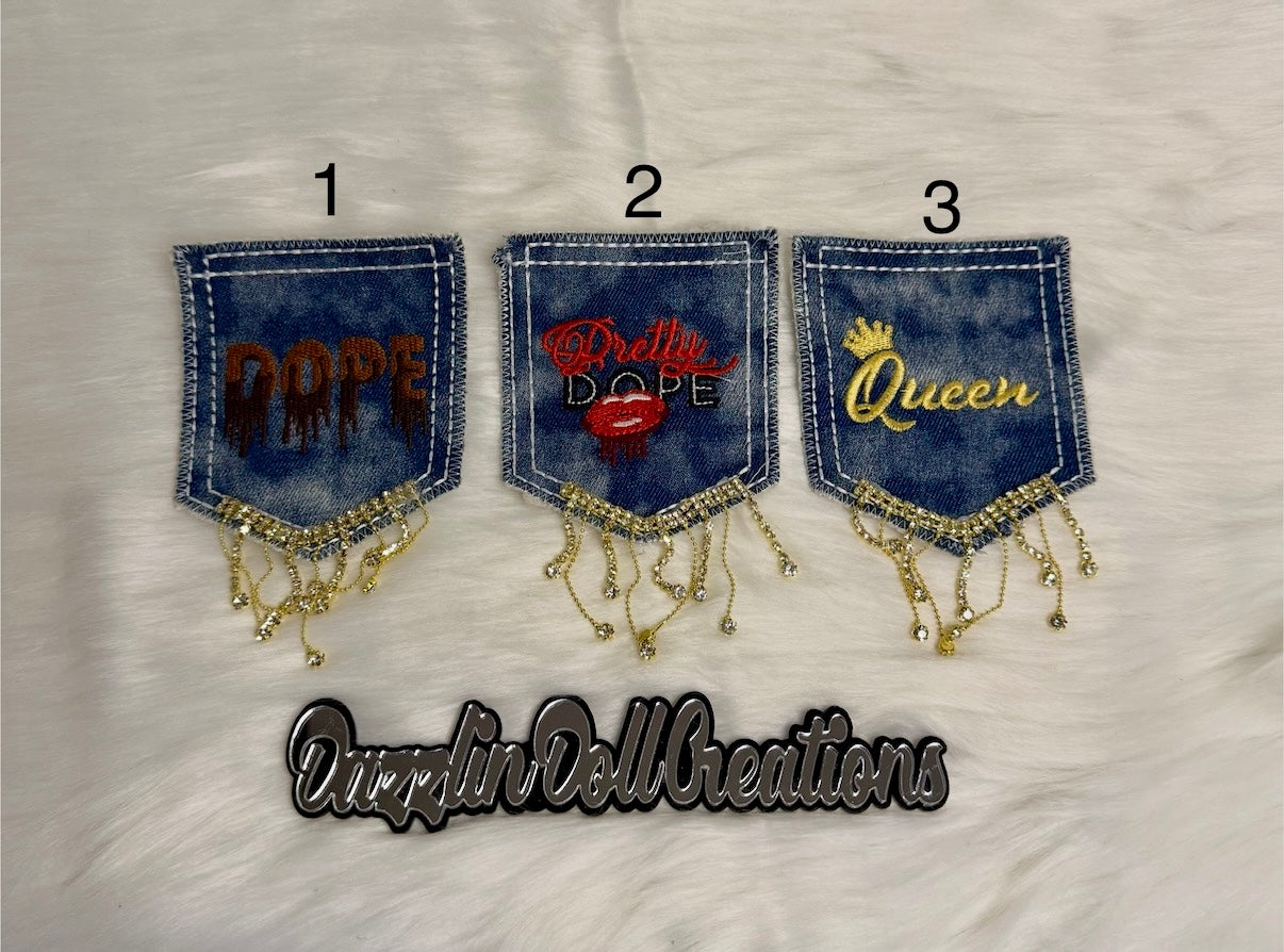 Denim Dope/Pretty/Queen with Bling Non Iron-On Pocket Patch