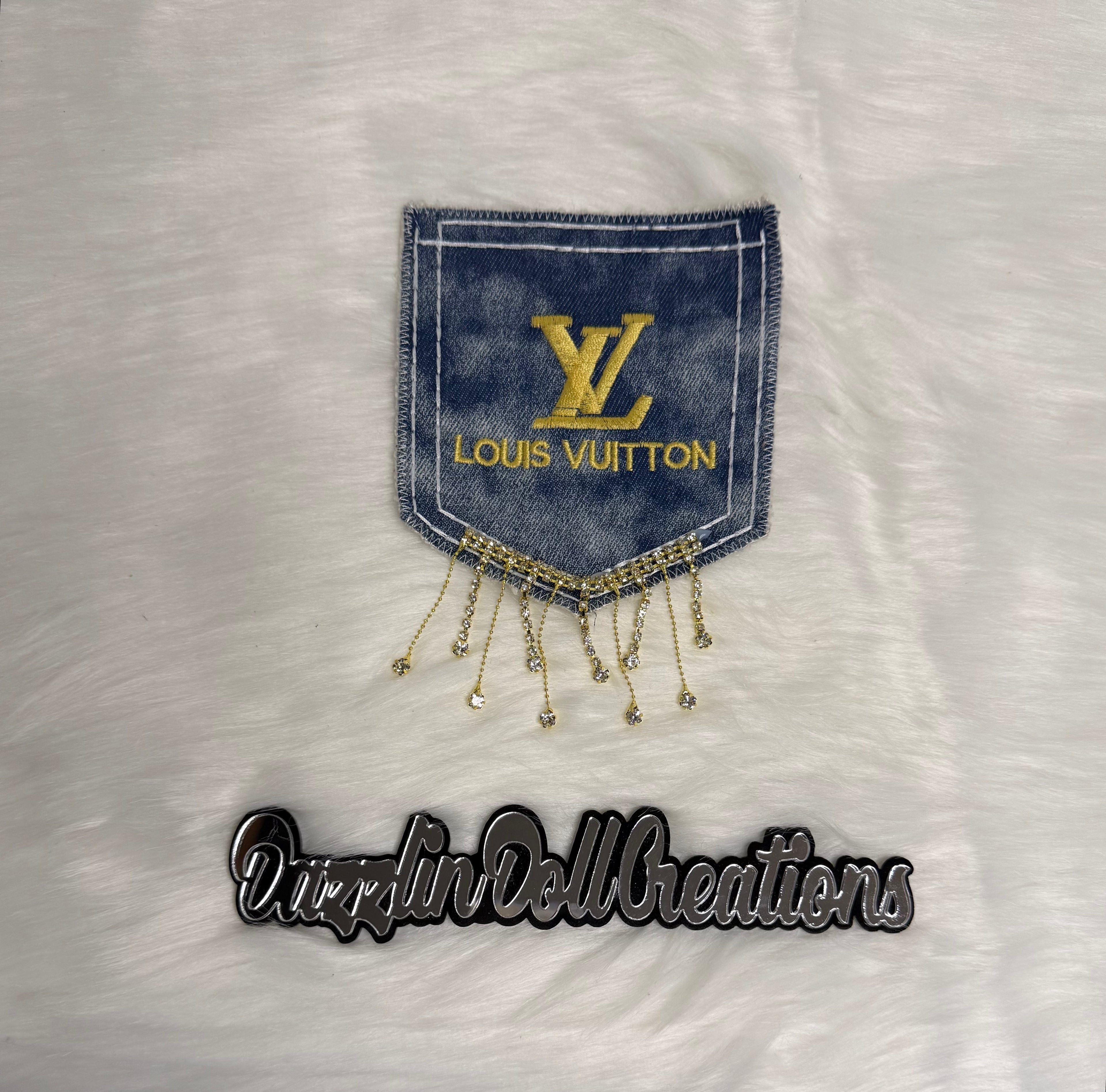 Inspired LV Denim Pocket with Bling Non-Iron on Patch