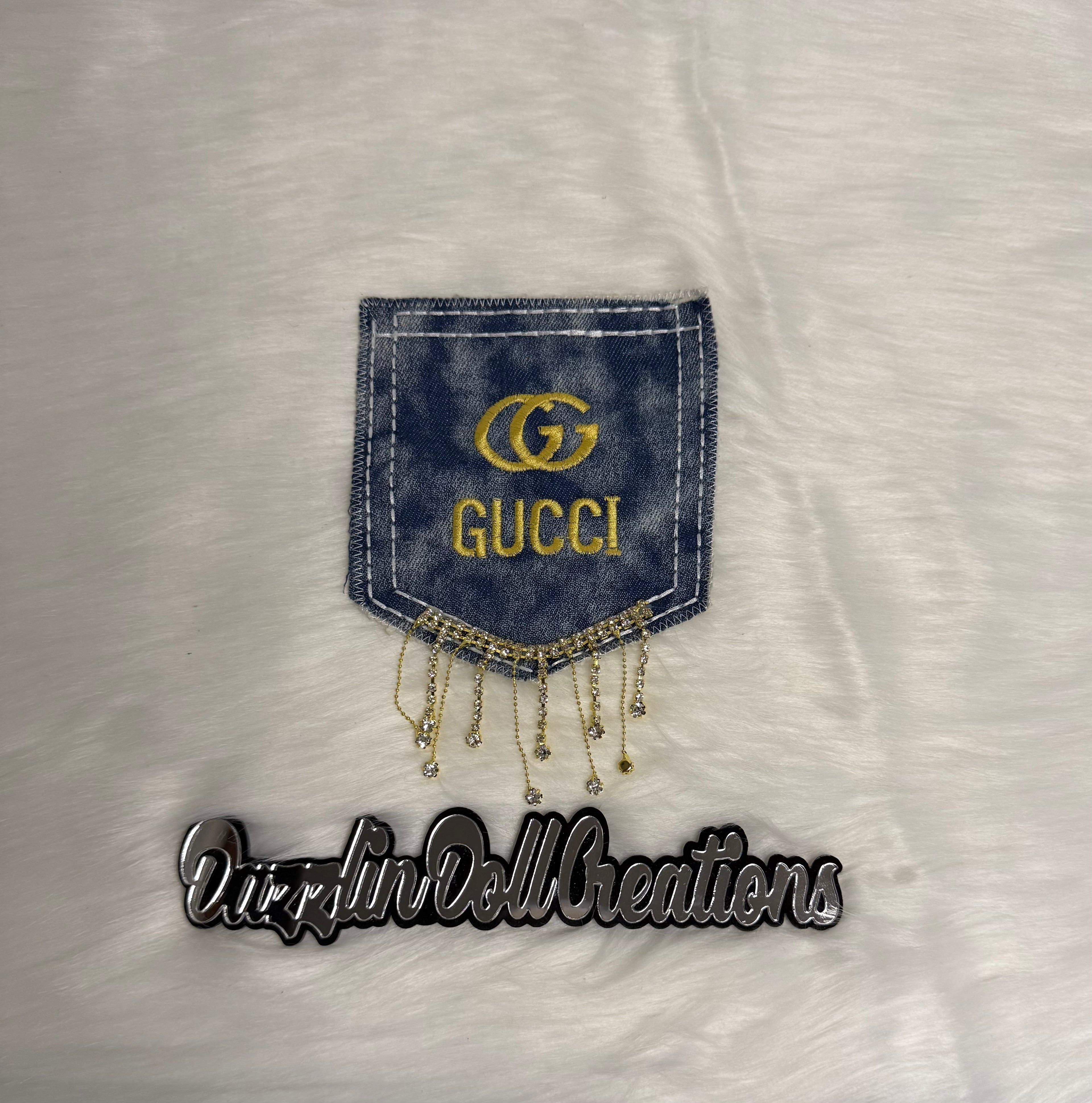 Inspired GG Denim Pocket with Bling Non-Iron on Patch