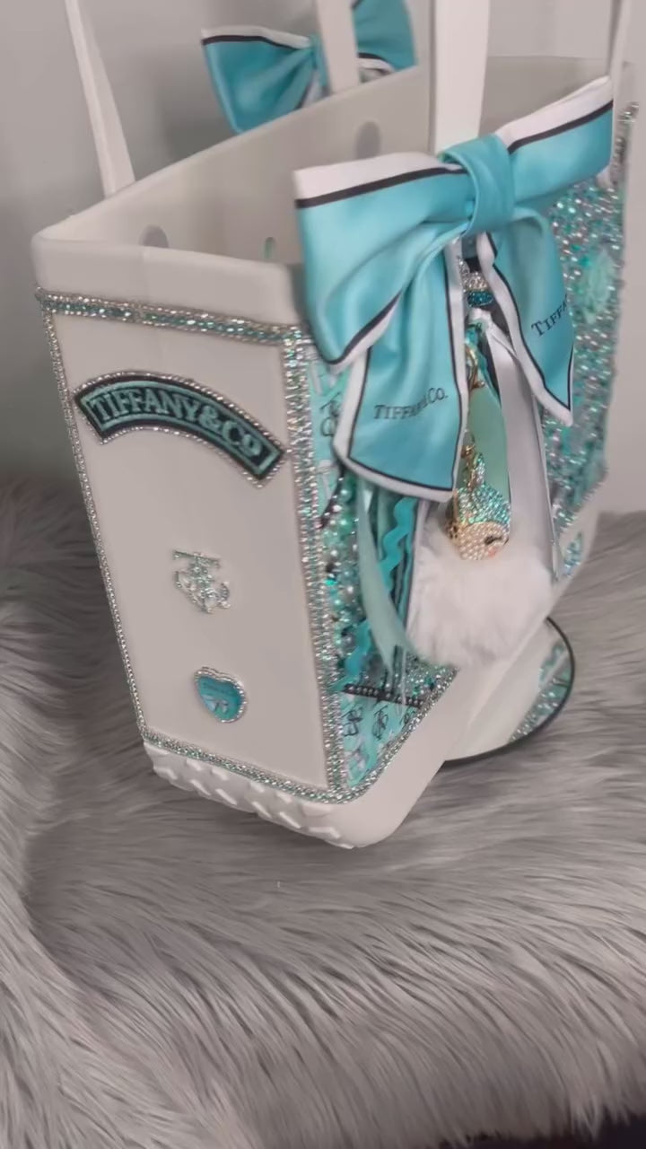 White and Teal Inspired Tif Bling Bogg Bag