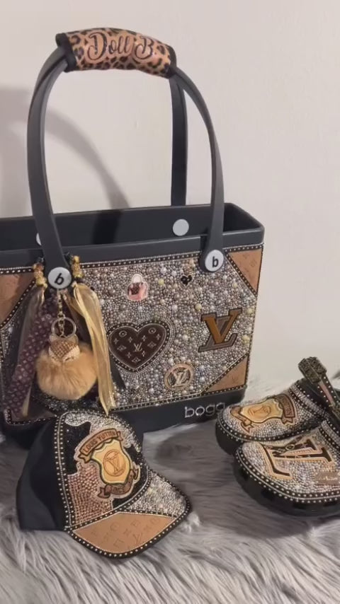 Black and Tan Inspired LV Bogg Bag, Crocs and Hat Set